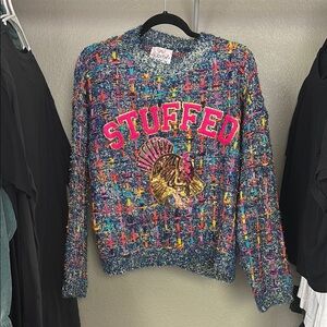 Judith March STUFFED Turkey Confetti Multicolor Tinsel Sequin Crochet Sweater